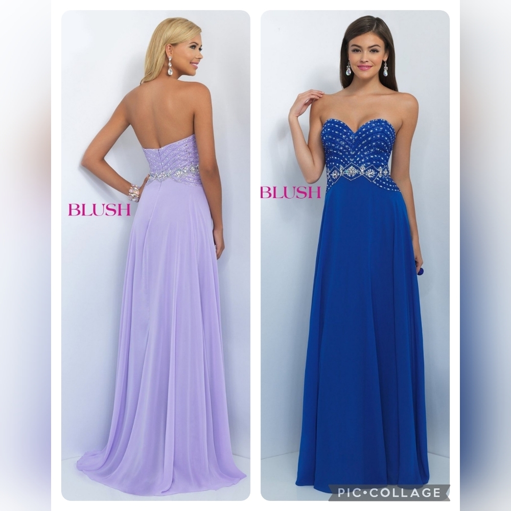 Strapless Sweetheart Rhinestones Neckline Chiffon Royal Blue Dress Size 2